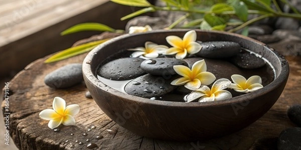Obraz Still life of flowers and stones in a bowl on a wooden surface top