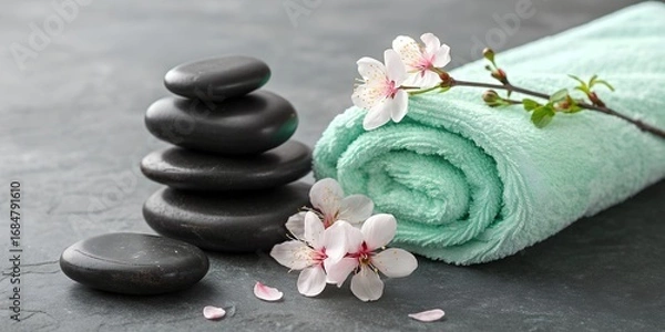 Obraz Still life of spa stones towel and blossoms on a gray surface top view