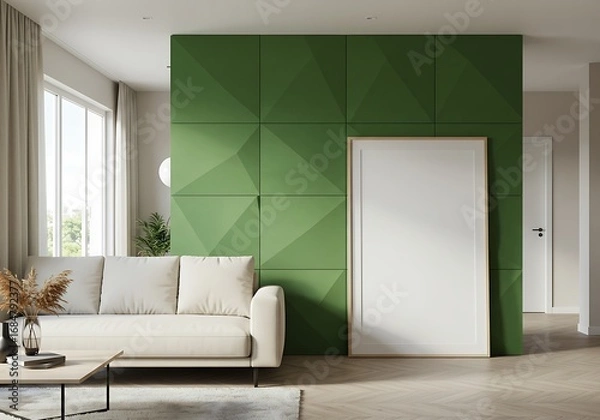 Fototapeta 深緑の壁と柔らかな光 モダンリビングの静寂