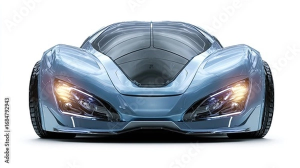 Fototapeta A futuristic, light-blue sports car, low to the ground with sleek, aerodynamic design,  illuminated headlights, and a transparent canopy roof, is 