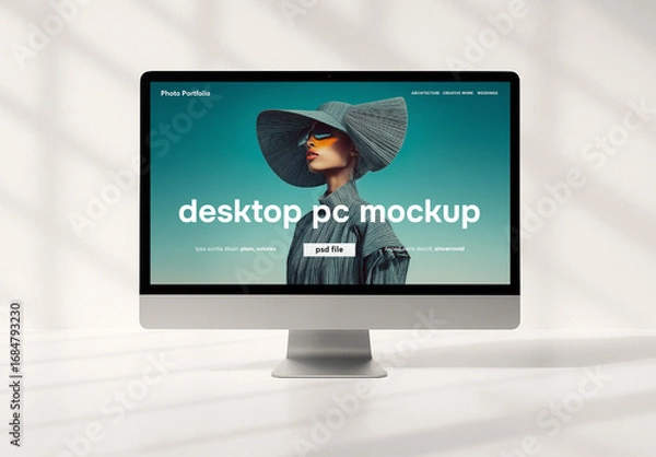 Obraz Clean front view desktop screen mockup on white background wall