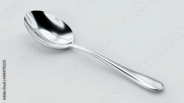 Fototapeta Shiny silver spoon resting on a plain light gray surface, angled right