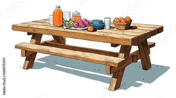 Fototapeta Rustic wooden picnic table laden with fruit, juice, and glasses, casting a shadow on light-colored ground