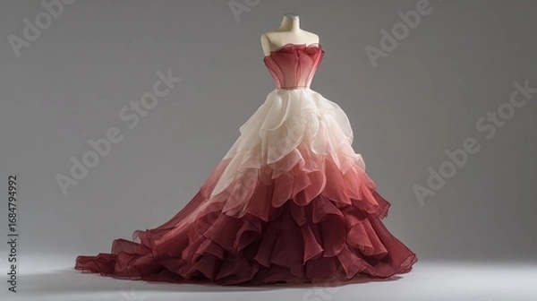Fototapeta A strapless ombre gown, on a mannequin, transitions from cream to deep burgundy.  Its layered, ruffled skirt creates a full, dramatic silhouette against a neutral backdrop