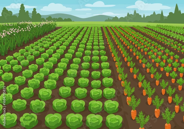 Fototapeta A vibrant vegetable field is cultivated with cabbages and carrots in rows under a blue sky