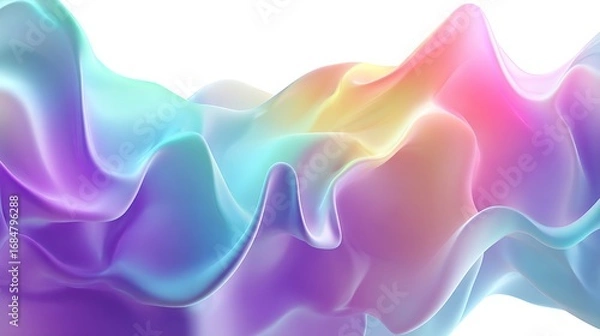 Fototapeta Abstract pastel-hued waves flowing across a white background, exhibiting a smooth, iridescent texture with soft gradients of purple, blue, teal, yellow, and pink