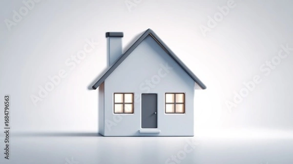 Fototapeta A simple, white, cartoonish house model with a gray roof, chimney, and door, illuminated windows, sits on a plain white background