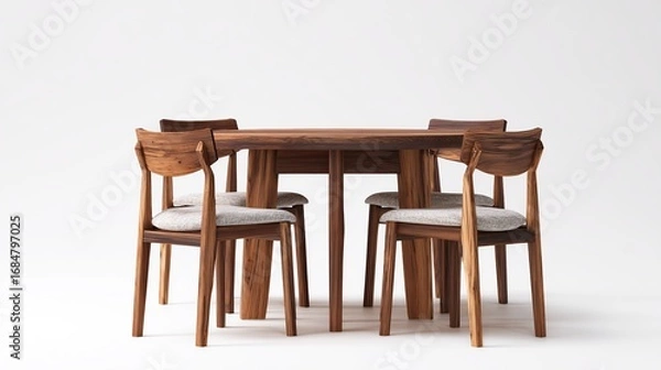 Fototapeta A round dark-wood dining table with four matching light-grey cushioned chairs, simple design, minimalist aesthetic, against a white backdrop
