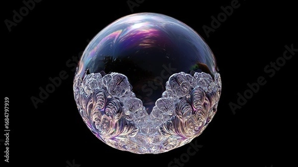 Fototapeta Ornate iridescent globe with swirls, floating on black