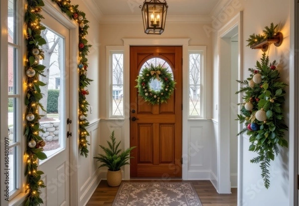 Fototapeta clean entryway decorated with shimmering garlands on hooks, natural tones, warm glow, cozy christmas minimalism.