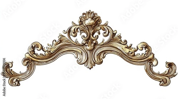 Fototapeta Ornate gold and off-white rococo-style decorative element, featuring swirling, asymmetrical foliage and shell motifs, isolated on a white background