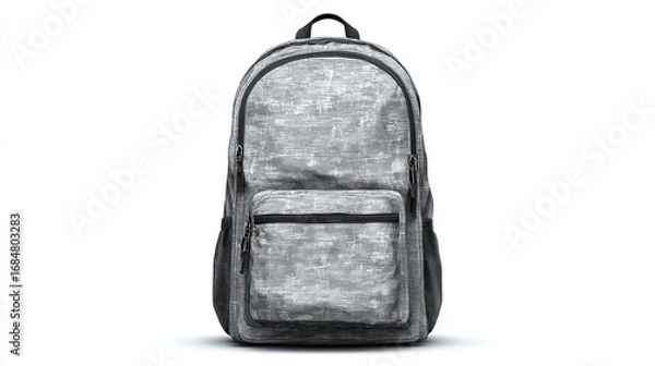 Fototapeta Gray fabric backpack with front pocket, zippers, top loop, on a white background