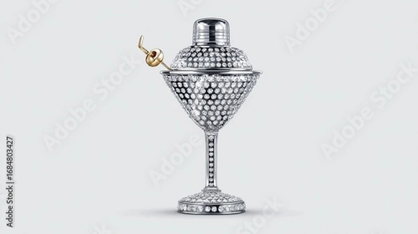 Fototapeta A jeweled martini shaker and glass set, meticulously crafted, sits against a minimalist background.  The shaker's dome and the glass are encrusted with 
