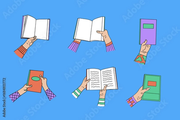 Fototapeta Hand-drawn illustration of human hands holding books. Minimalist and colorful design with open and closed books on a blue background. 