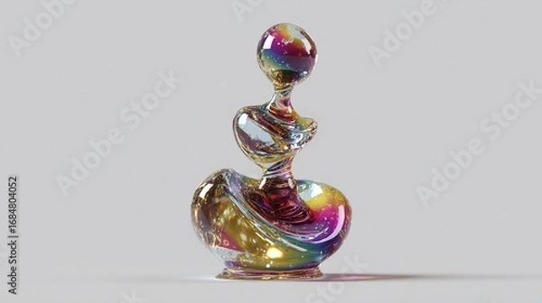 Fototapeta An iridescent, abstract sculpture resembling a stylized female figure, composed of flowing, interconnected, multicolored glass-like forms on a light grey 