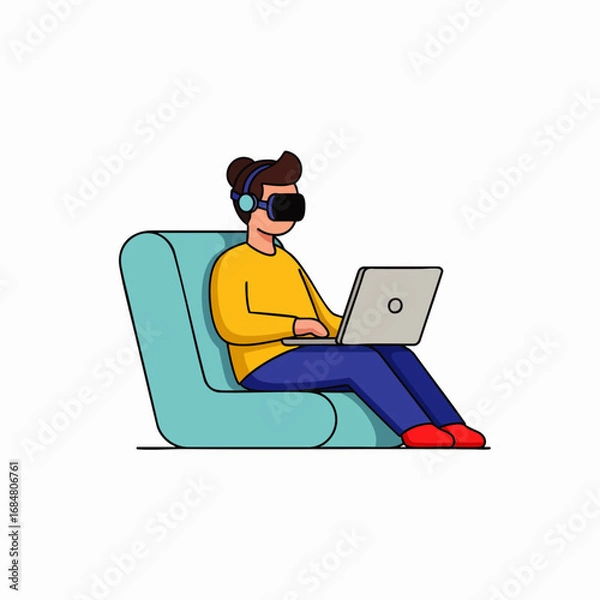 Fototapeta A person comfortably engages in remote work with a laptop and VR headset, embodying modern flexible work environments, integrated technology, and future productivity.