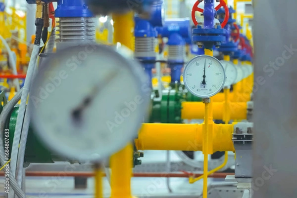 Fototapeta Pressure gauges on the gas pipeline in gas metering room at the LNG plant