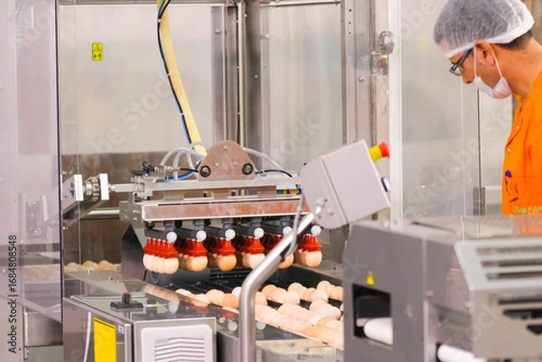 Fototapeta Chicken eggs, on conveyor line at egg packing factory.
