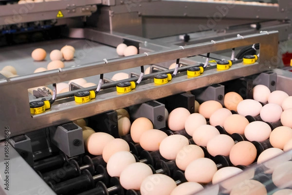 Fototapeta Chicken eggs, on conveyor line at egg packing factory.