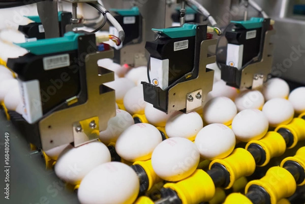 Fototapeta Conveyor line where chicken eggs are marked with, food printer.