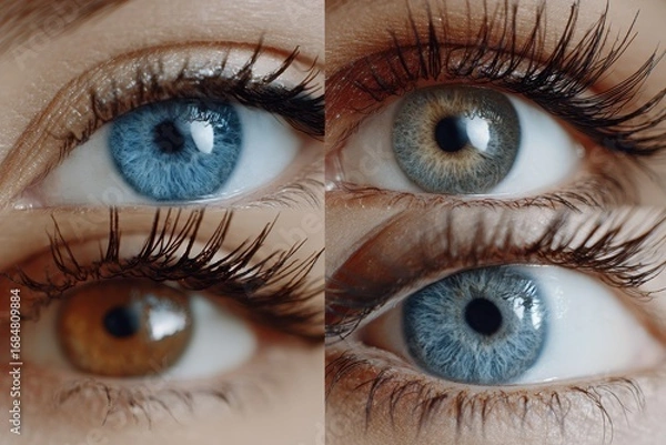 Obraz Close up view of human eyes showcasing different colors and textures in an extreme split screen format capturing detail and beauty of iris and eyelashes in natural light