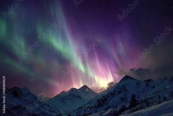 Obraz Vibrant aurora borealis illuminating a snowy mountain landscape under a clear night sky in the northern regions of the world during the cold winter months
