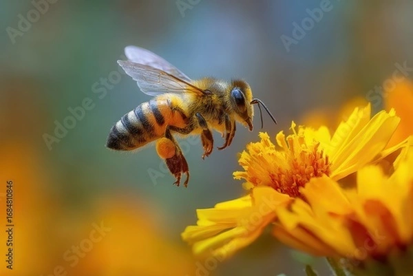 Obraz Busy bee collects pollen from vibrant yellow flower in a sunlit garden during springtime bloom