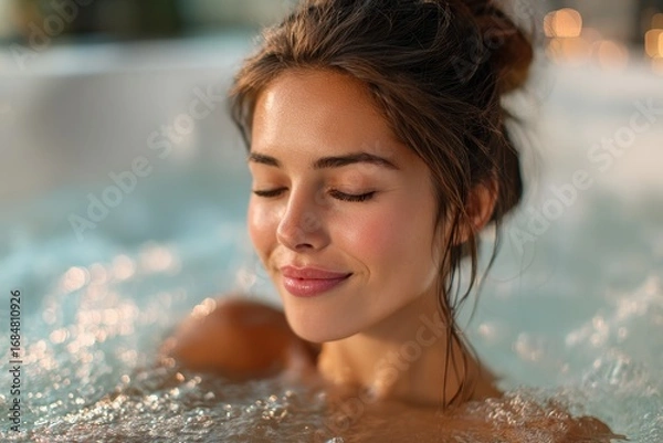 Obraz Beautiful young woman enjoying relaxation in hot tub surrounded by soothing water at evening in serene setting