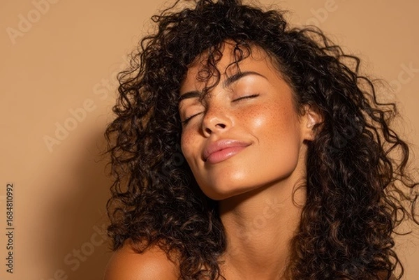 Obraz Beautiful young mixed race woman with voluminous curly hair smiles gently against a warm, neutral backdrop showcasing her radiant complexion and joyful expression