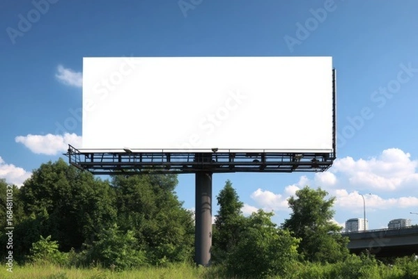 Obraz Billboard display in green space with a clear sky and open landscape near a highway in urban surroundings
