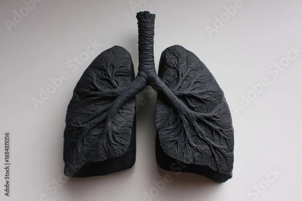 Obraz Black lungs displayed in a medical art installation showcasing the impact of smoking and air pollution on respiratory health and well-being