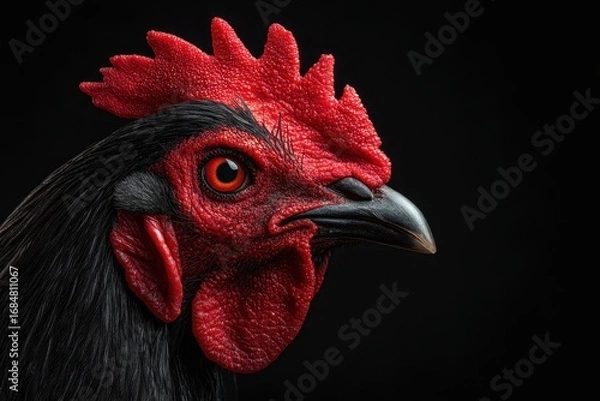 Obraz Portrait of a striking black rooster with vibrant red comb and eye-catching features captured in a vertical shot against a dark background