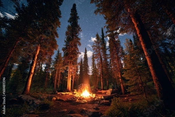 Obraz Campfire warmth illuminates the forest under a starlit sky during a peaceful night outdoor gathering in nature