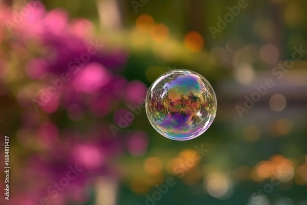 Obraz Floating bubble reflecting vibrant colors and surroundings in a serene garden setting during a warm afternoon