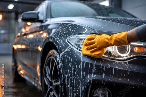 Obraz Close up of a gloved hand washing a car with soapy water during a detail service at a car wash in the evening