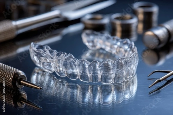 Obraz Clear dental aligners positioned on a reflective surface with dental tools and metal fixtures in a bright and clean environment