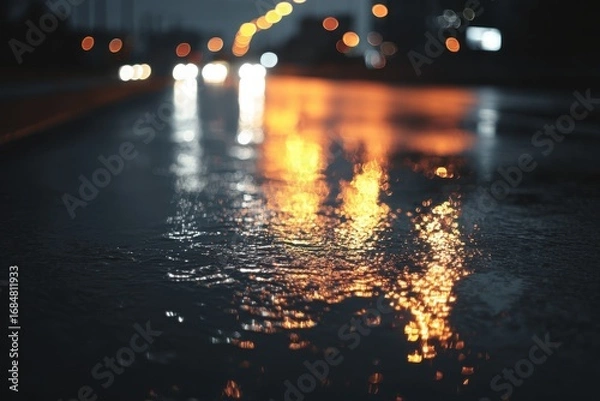 Obraz Close up view of dark wet pavement reflecting city lights during a rainy evening