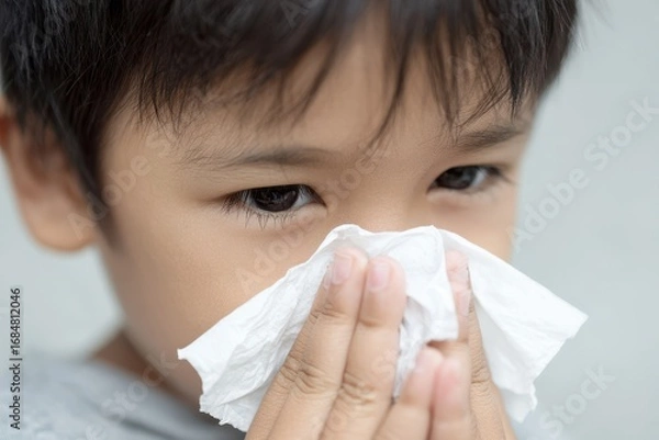 Obraz Close up of young Asian child using tissue to wipe nose while experiencing cold symptoms in an indoor setting during daylight