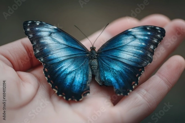 Obraz Close view of a blue butterfly resting on an open hand, showcasing intricate wing patterns and vibrant colors under natural light