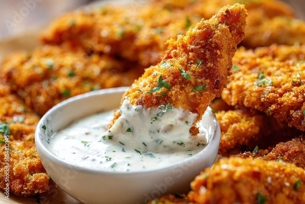 Obraz Crispy fried chicken strips served with a creamy dipping sauce on a wooden table, perfect for lunch or dinner gatherings