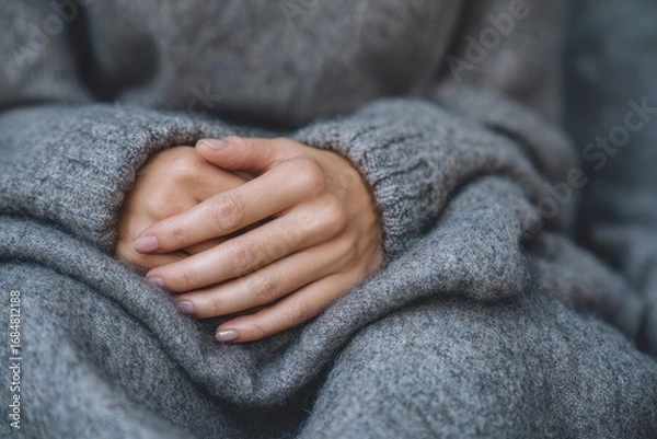 Obraz Close-up of hands gently folding a soft gray blanket in a cozy indoor setting, showcasing intricate textures and hand movements during a quiet moment of relaxation