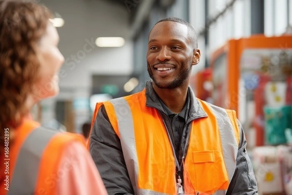 Obraz Confident young man wearing high visibility vest talks with a colleague in a busy workplace during the day