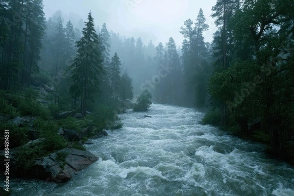 Obraz Dramatic zoom of a river rushing through a misty forest landscape during early morning hours in a tranquil natural setting