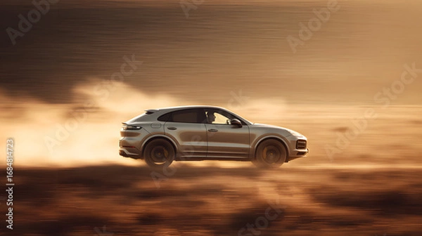 Obraz dynamic panning shot for a luxury car commercial, a sleek, modern SUV glides effortlessly at full sprint through plains