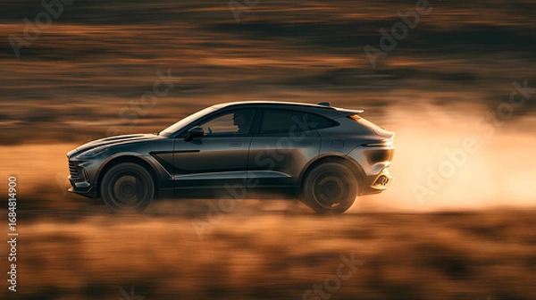 Obraz dynamic panning shot for a luxury car commercial, a sleek, modern SUV glides effortlessly at full sprint through plains