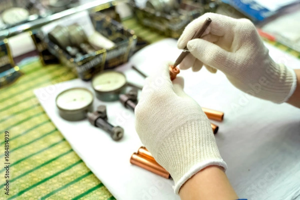 Fototapeta quality control operator checks the chuck parts for compliance w