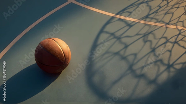 Obraz Top view of a basket ball on a basketball court, with the shadow of the net, soft lighting, and clean, minimalistic composition