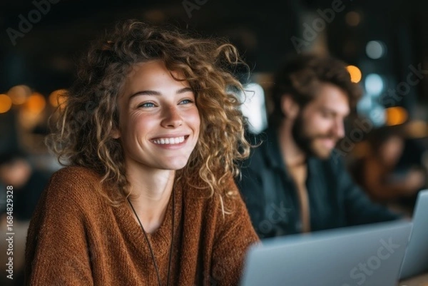 Fototapeta Happy young woman smiling while working in a modern cafe setting