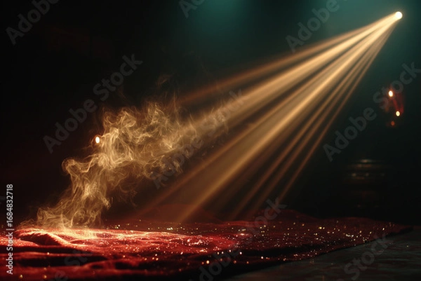 Fototapeta Dramatic stage spotlight shining through smoke and golden particles over red textured fabric, cinematic abstract background for theater, luxury, and artistic design