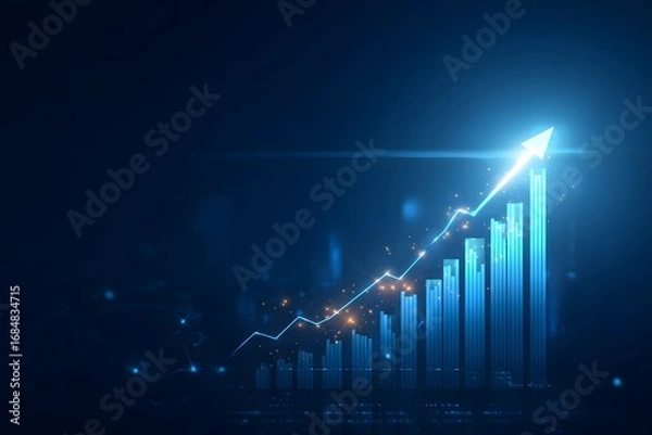 Fototapeta Blue background with glowing arrows growing upwards, illustration of an upward arrow chart for business growth and technology development concept on a blue background.